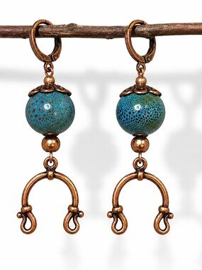 Boho Turquoise Ceramic Earrings, Antique Copper Horseshoe Dangle Earrings